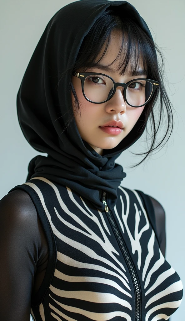 a most beautiful Chinese Asian woman named Tiaw Li Yin with a pair of glasses wears zebra print unitard catsuit.She always wear zebra print contortion dancewear hijab-like hood.