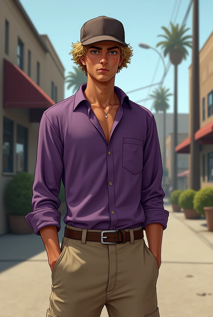 A young male with a little muscle, but not too much, of a 1,77 tall, brown dark eyes, curly blonde hair with half-dead eyes and a little dark circles, cosplaying as an NPC from the Ballas gang in GTA San Andreas wearing a purple blouse and beige pants with a slightly more finished straight-brimmed cap