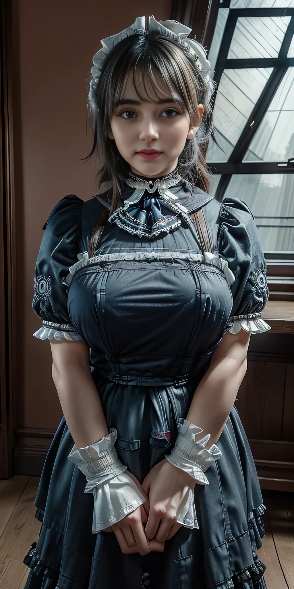 (RAW Photos), (Realistic), (Photorealistic), Japanese、Ultra-high resolution, masterpiece, Highest quality, Perfect lighting, Detailed lighting, Dramatic Shadows, Ray Tracing, (((Sharp focus:1.2))), 1. Beautiful Japan, Symmetrical eyes, Beautiful attention to detail, Fuller lips, Red lips, Ultra-high resolution for perfect, beautiful teeth, Thick and wide thighs, ((Twin Tall Hair:1.2)), Black Hair, Long Bangs, Mouth half open, smile, View your viewers, ((Dressed as a Victorian maid:1.5)), ((Holds dust removal)), ((In a Victorian room)), Standing pose,(((Extremely large face and larger breasts)))