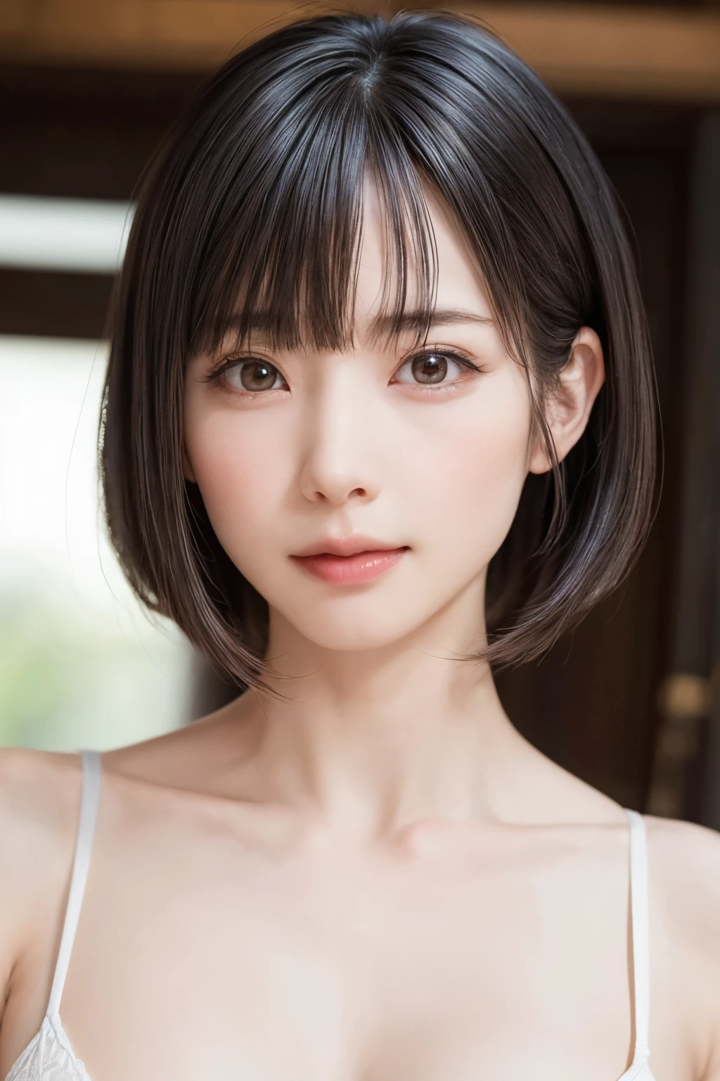 ((masterpiece, Highest quality, High resolution、Realisticですべてが美しく詳細に描かれている)), 1 person, (Realistic: 1.4), alone, White Background, snow-White Background, Mouth closed, smile, smile, Beautiful black hair, short hair, Big eyes, Transparent double eyelids, eyelash, Listen carefully, Long neck, 美しくLong neck, Absolute area, ((Face close-up)), (Draw the whole head, shoulder), 1, Attractive proportions, Glowing Skin, Beautiful clavicle, Golden ratio face, Perfect Face, Teardrop-shaped mole, chestのほくろ, bangs, clean bangs, beautiful bangs, Lip gloss, Thin lips, Fair skin, naked, Big Breasts, {Huge|big|Hugeな|Mega} chest:2, chestの谷間:2,chestの谷間を見せる、Small face, Small face, All the heads are painted, shoulder all drawn, Point slightly above the camera