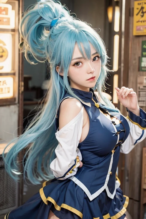 One person,Aqua Konosuba, Long Hair, Blue Hair, Super detailed, 70mm lens, Realistic, Big Boobs