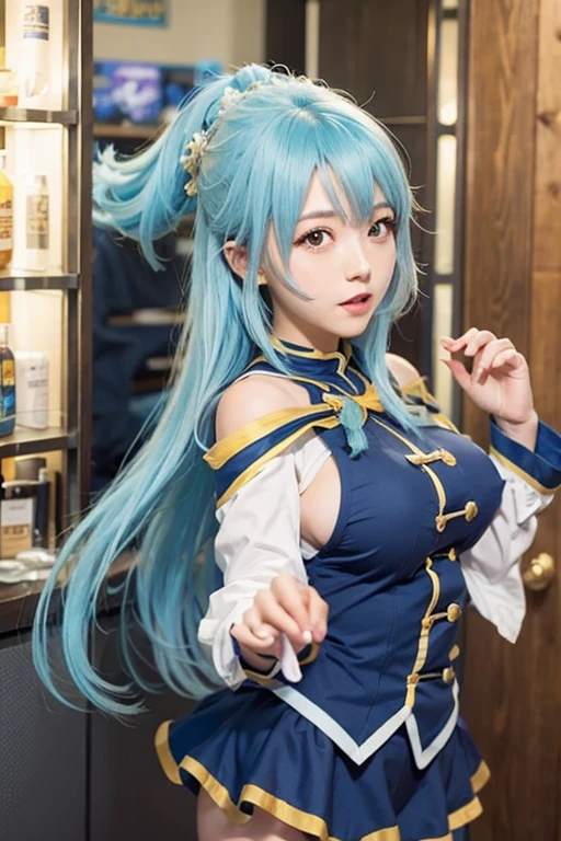 One person,Aqua Konosuba, Long Hair, Blue Hair, Super detailed, 70mm lens, Realistic, Big Boobs