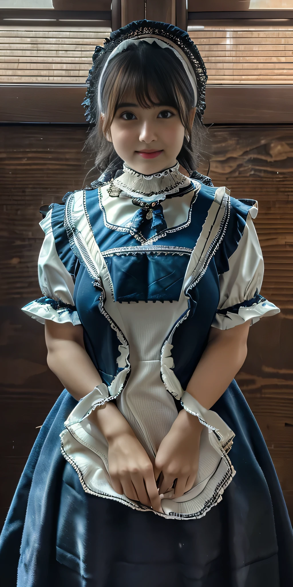 (RAW Photos), (Realistic), (Photorealistic), Ultra-high resolution, masterpiece, Highest quality, Perfect lighting, Detailed lighting, Dramatic Shadows, Ray Tracing, (((Sharp focus:1.2))), 1. Beautiful Japan, Symmetrical eyes, Beautiful attention to detail, Fuller lips, Red lips, Ultra-high resolution for perfect, beautiful teeth, Thick and wide thighs, ((Twin Tall Hair:1.2)), Black Hair, Long Bangs, Mouth half open, smile, View your viewers, ((Dressed as a Victorian maid:1.5)), ((Holds dust removal)), ((In a Victorian room)), Standing pose,(((Extremely large face and larger breasts)))