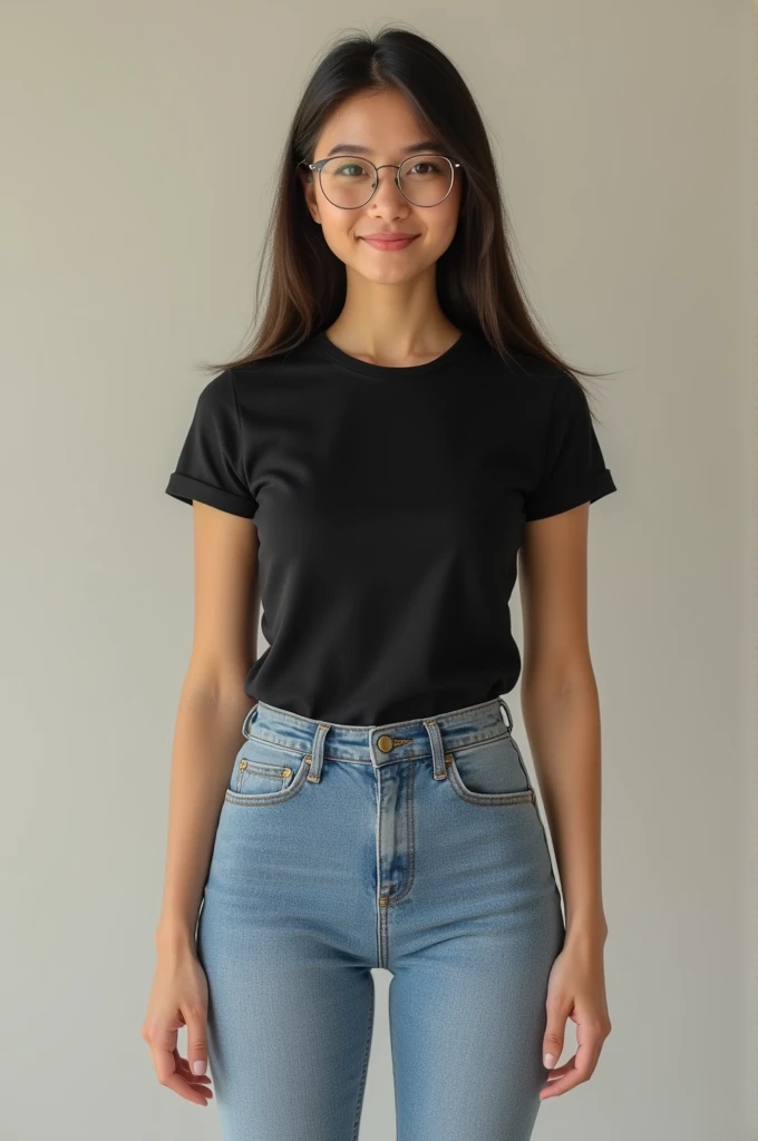 Generate a full-body image of a young girl. The girl is in her early 20s. She has long, straight dark brown hair, parted slightly to the side. Her skin tone is medium-light, and she has a friendly and confident facial expression. She wears thin, round eyeglasses with a clear frame. She has a slender and athletic build. The woman is dressed in a fitted black T-shirt and high-waisted, light blue jeans.