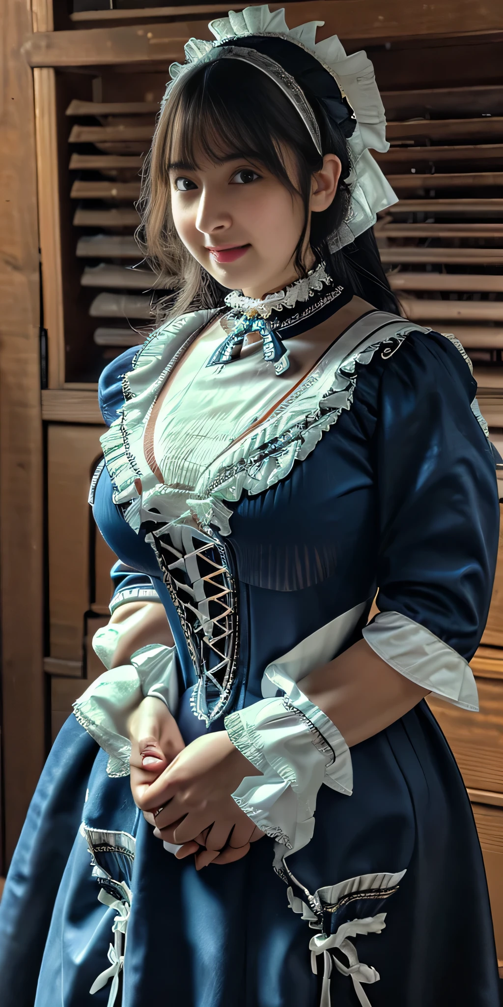(RAW Photos), (Realistic), (Photorealistic), Ultra-high resolution, masterpiece, Highest quality, Perfect lighting, Detailed lighting, Dramatic Shadows, Ray Tracing, (((Sharp focus:1.2))), 1. Beautiful Japan, Symmetrical eyes, Beautiful attention to detail, Fuller lips, Red lips, Ultra-high resolution for perfect, beautiful teeth, Thick and wide thighs, ((Twin Tall Hair:1.2)), Black Hair, Long Bangs, Mouth half open, smile, View your viewers, ((Dressed as a Victorian maid:1.5)), ((Holds dust removal)), ((In a Victorian room)), Standing pose,(((Extremely large face and larger breasts)))