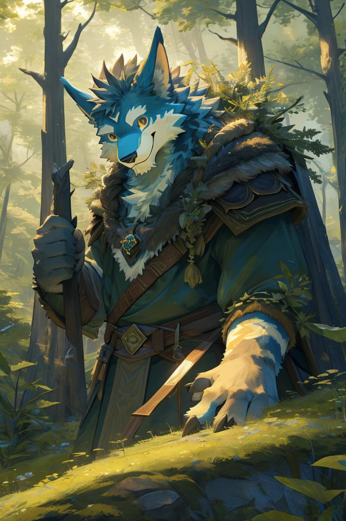 High-quality illustrations, masterpiece, absurdres, super high resolution, detailed background, forest, Druid costumes, Happy, joyful, Relux(Travel photos)perfect anatomy(kemono, furry anthro, Druid  clothing)cinematic lighting, beautiful shadow, dynamic angle, DND, looking at viewer, smile