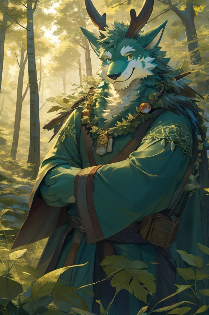 High-quality illustrations, masterpiece, absurdres, super high resolution, detailed background, forest, Druid costumes, Happy, joyful, Relux(Travel photos)perfect anatomy(kemono, furry anthro, Druid  clothing)cinematic lighting, beautiful shadow, dynamic angle, DND, looking at viewer, smile