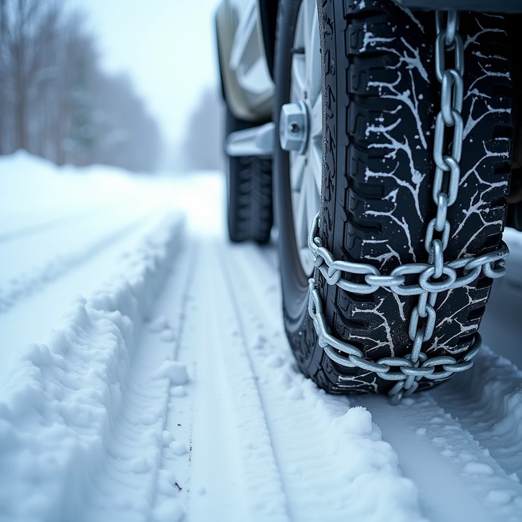 snow chains, close-up, snow covered roads,