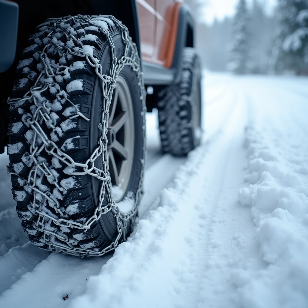 snow chains, close-up, snow covered roads,
