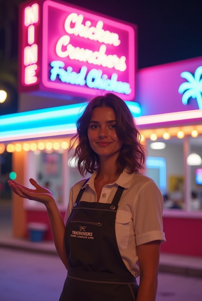 A highly realistic photograph in a 1:1 aspect ratio of a young woman standing confidently in front of a vibrant, Miami Vice-inspired fried chicken restaurant. The woman is in her early twenties, with bright, expressive eyes. Her shoulder-length hair is styled in loose waves, and she wears a clean, well-fitted uniform consisting of a branded apron over a simple, casual shirt. The apron prominently features the restaurant's logo, designed with a retro 80s aesthetic. The photo is captured using a Canon EOS R5 camera with a 50mm f/1.2L lens, providing a crisp focus on the subject while softly blurring the neon-lit background. The lighting is natural with an added touch of colorful neon, reflecting the vibrant and energetic atmosphere of the 80s, with hues of pink, blue, and purple casting a dynamic glow on the scene. The young woman is gesturing with an open hand, as if warmly inviting you to come inside and enjoy a meal. In the background, the restaurant's sign is clearly visible, boldly displaying 'Chicken Crunchers' in bold, retro-style lettering, surrounded by neon lights and palm tree motifs. The entrance exudes a fun, nostalgic Miami Vice vibe with pastel colors, neon accents, and an overall 80s flair. The composition captures the essence of hospitality with a cool, retro twist, making the restaurant an inviting spot in the vibrant world of Miami nightlife