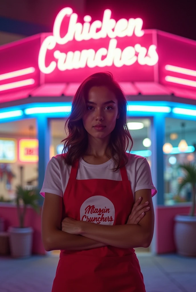 A highly realistic photograph in a 1:1 aspect ratio of a young woman standing confidently in front of a vibrant, Miami Vice-inspired fried chicken restaurant. The woman is in her early twenties, with bright, expressive eyes. Her shoulder-length hair is styled in loose waves, and she wears a clean, well-fitted uniform consisting of a branded apron over a simple, casual shirt. The apron prominently features the restaurant's logo, designed with a retro 80s aesthetic. The photo is captured using a Canon EOS R5 camera with a 50mm f/1.2L lens, providing a crisp focus on the subject while softly blurring the neon-lit background. The lighting is natural with an added touch of colorful neon, reflecting the vibrant and energetic atmosphere of the 80s, with hues of pink, blue, and purple casting a dynamic glow on the scene. The young woman is gesturing with an open hand, as if warmly inviting you to come inside and enjoy a meal. In the background, the restaurant's sign is clearly visible, boldly displaying 'Chicken Crunchers' in bold, retro-style lettering, surrounded by neon lights and palm tree motifs. The entrance exudes a fun, nostalgic Miami Vice vibe with pastel colors, neon accents, and an overall 80s flair. The composition captures the essence of hospitality with a cool, retro twist, making the restaurant an inviting spot in the vibrant world of Miami nightlife