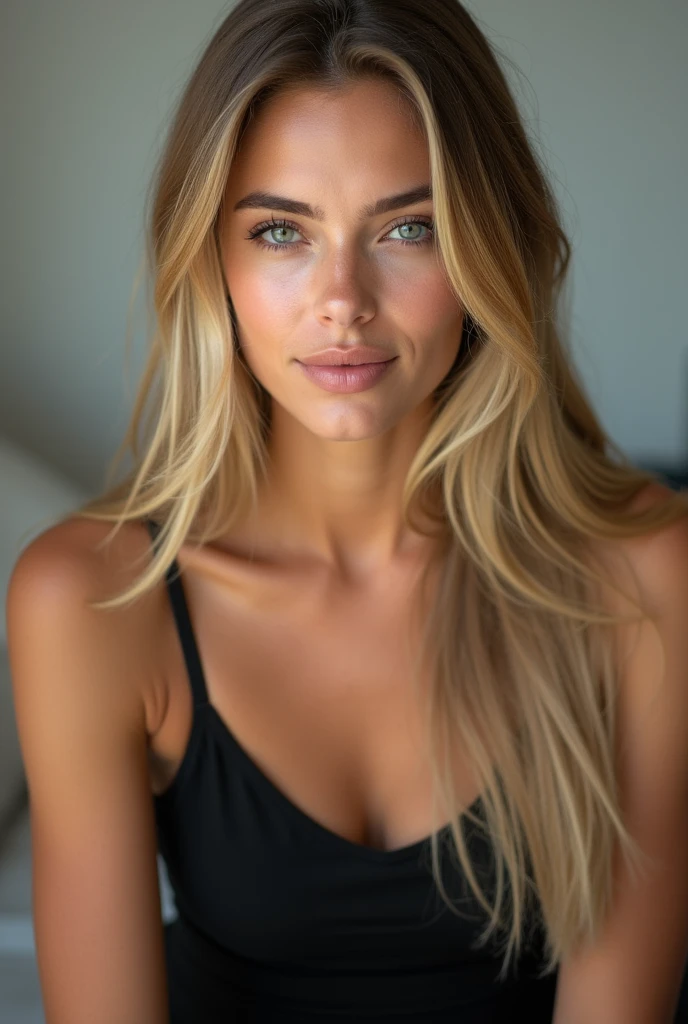 A very realistic and detailed photo of beautiful italian woman wearing black skirt, light makeup, long sleek straight blonde hair, high quality photo 4k, very detailed, perfect fit, looking at the camera, detailed realistic face, detailed eyes, confident 