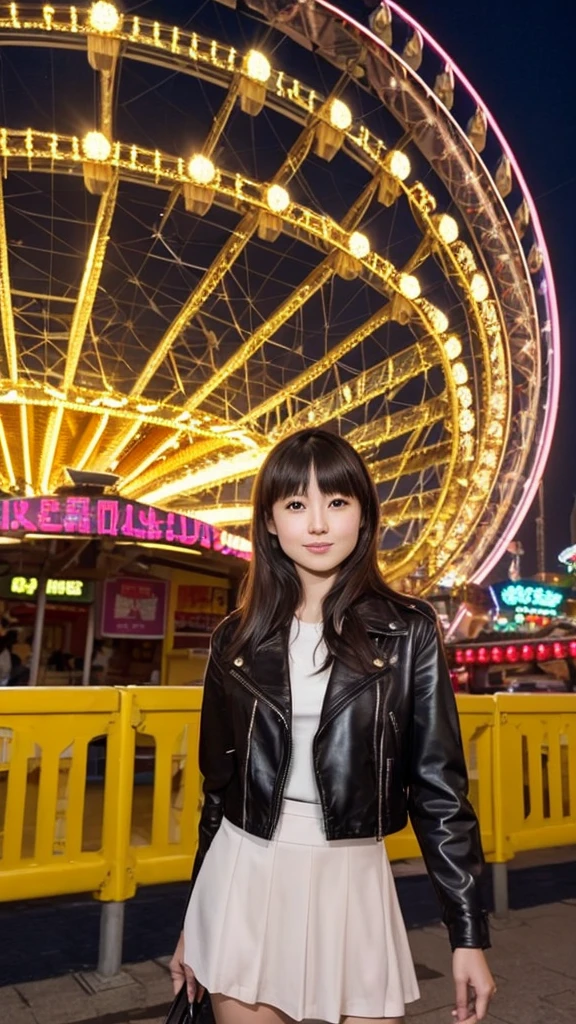 Prompt 10: A stunning Japanese girl with long, flowing brown hair, wearing a black mini skirt and a leather jacket. She is standing in front of a brightly lit amusement park at night, with a ferris wheel in the background.