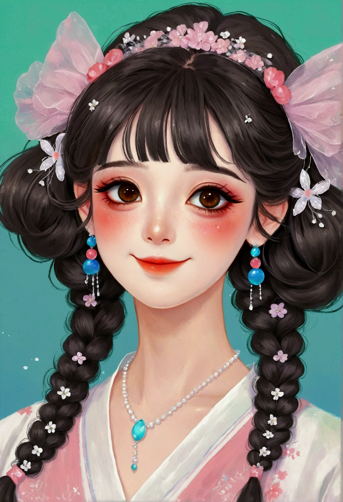 Detailed digital anime art,Cute digital illustration,Anime style girl portrait,Smile,solitary,symmetry,Gradient hair,Colorful big eyes,Fashionable and exquisite facial features,Exquisite makeup,Beautiful hairstyle,hairpin,Clean and simple background