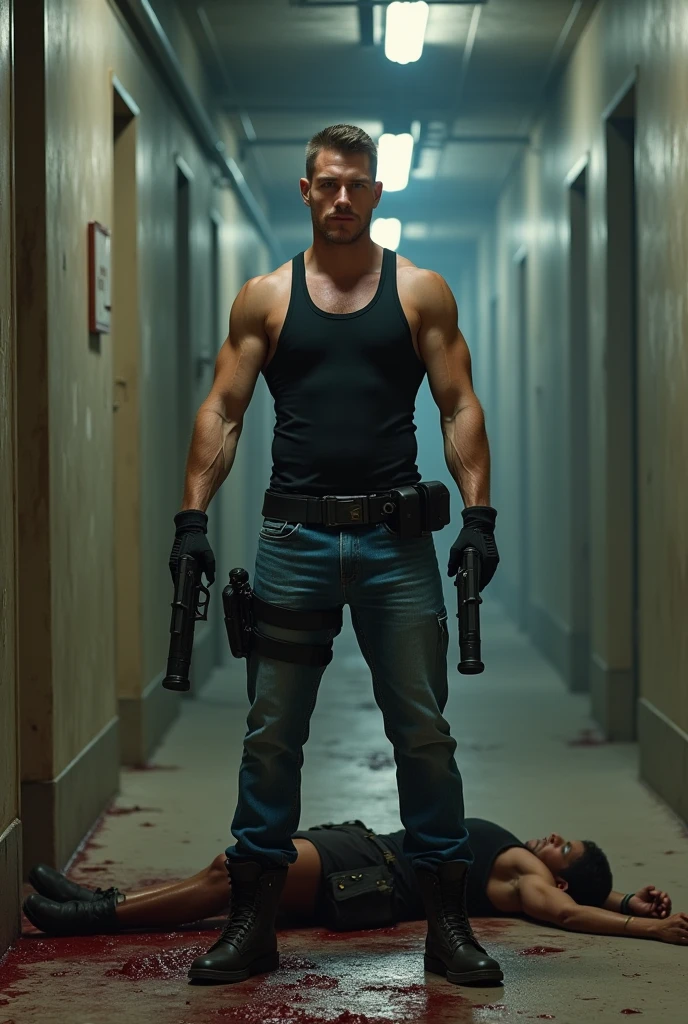 (raw photo, best quality) , (Realistic, photo-realistic: 1.4), extremely formidable overall plan, masterpiece, ultra-detailed, high resolution, best illustration, best shadow, complex, depth of field, war, combat, 1 man, he is athletic, he has short hair, his look is serious, he wears a black tank top, blue jeans, ranger boots, has two guns [Glock] he holds one in each hand, 2 semi-automatic guns [Glock] large silent magazine and laser sight [Fire moderators attached to both guns] [Large magazine fitted in both guns] he is facing us, and he aims with his gun, he is in a run down corridor, opposite him there is a bloody  riddled with bullets [blood] [Cadaver], Photorealist style 8k, DSLR, high quality, (film grain: 1.4), Fujifilm XT3,