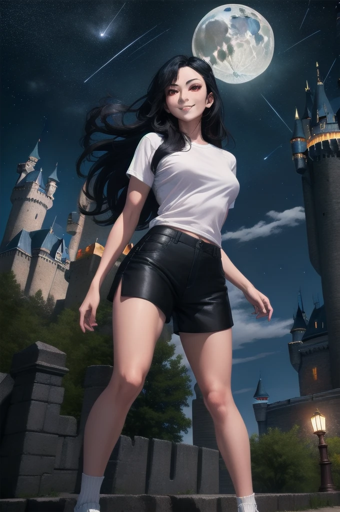 Highly detailed, High Quality, Masterpiece, beautiful, 1girl, solo, black hair, long hair, red eyes, shirt, white shirt, shorts, short shorts, black shorts, cloud, moon, Hogwarts, (castle hill:1.4), night sky, stand on street, shooting star, (strong pose:1.4), looking at viewer, seductive smile, cowboy shot,