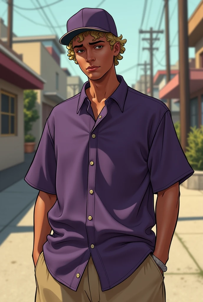 A young male with a little muscle, but not too much, of a 1,77 tall, brown dark eyes, curly blonde hair with half-dead eyes and a little dark circles, cosplaying as an NPC from the Ballas gang in GTA San Andreas wearing a purple blouse and beige pants with a slightly more finished straight-brimmed cap