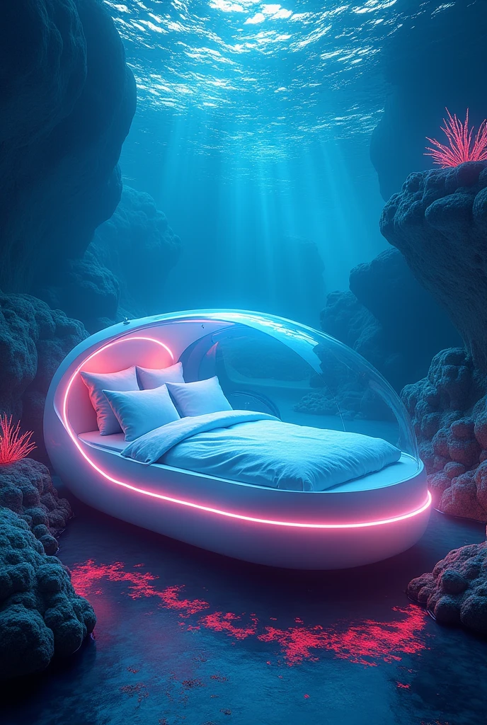 In the sea。A capsule-like bed with beautiful neon lights. Comfortable.