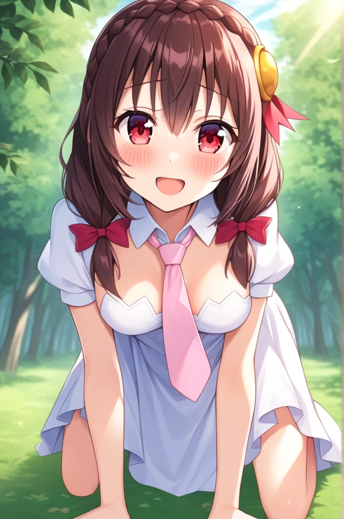 alone, One person, Yunyun, ♥、 (blush:1.5)、Crown braids of the same color as your hair、hair ornaments, Hair Ribbon, Pink tie, White dress, A very happy look、Sunlight filtering through the trees、On all fours