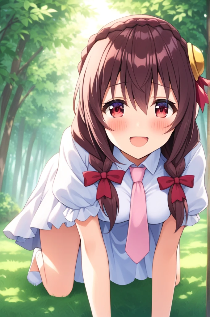 alone, One person, Yunyun, ♥、 (blush:1.5)、Crown braids of the same color as your hair、hair ornaments, Hair Ribbon, Pink tie, White dress, A very happy look、Sunlight filtering through the trees、On all fours