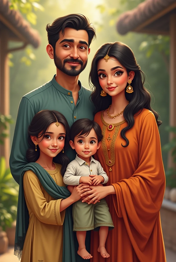 Pakistani father and mother with two daughters and one son