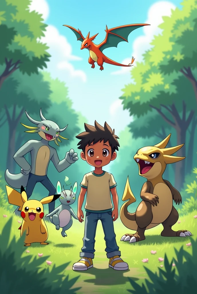 

1. Background: A natural setting, como um campo ou uma floresta, that complements the Pokémon environment.

2. You in the middle: A  of , with brown skin and a little overweight, dressed in casual clothes, like a t-shirt and jeans, with an expression of joy or enthusiasm.

3. Pokemon around:
   - Charizard: Flying or landing next to, with its wings spread and a fierce expression.
   - Machamp: Showing off his strength with a muscular pose, perhaps flexing his arms.
   - Sceptile: In an agile pose, maybe leaning a little, with its leaves swaying.
   - Milotic: with an elegant posture, perhaps with the body undulating gracefully.
   - Mega Lucario: In a protective or dynamic pose, with its visible aura.
   - pikachu: Maybe in its classic &#39;ready for action&#39; position or bouncing happily.
