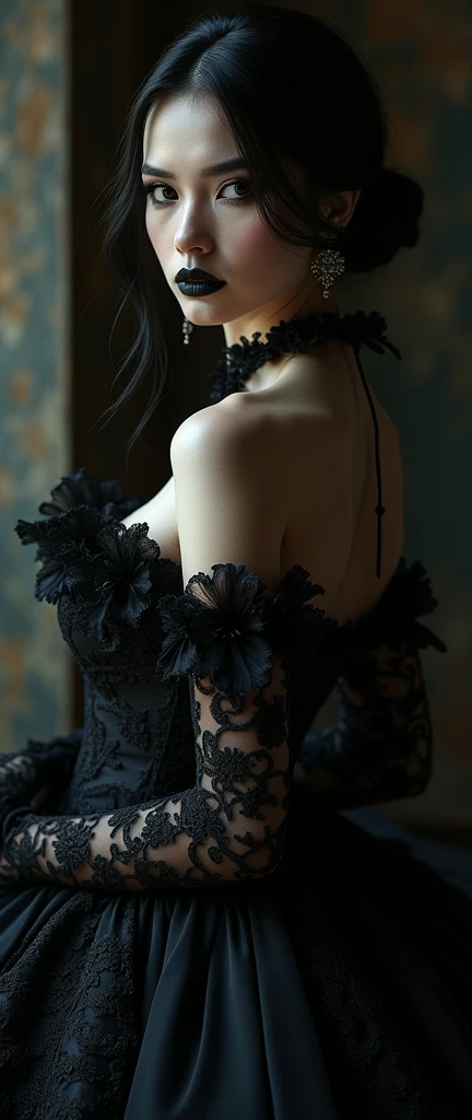 a chic ensemble stylish gotrhic woman in a dark black gothic baroque mess dress recline walking eleganty quaint inblack sludge (best quality,4k,8k,highres,masterpiece:1.2),ultra-detailed,(realistic,photorealistic,photo-realistic:1.37),HDR,UHD,studio lighting,ultra-fine painting,sharp focus,physically-based rendering,extreme detail description,professional,vivid colors,bokeh,portrait,high fashion,elegant,glamorous,cinematic,dramatic lighting,moody,mysterious,sensual,sophisticated