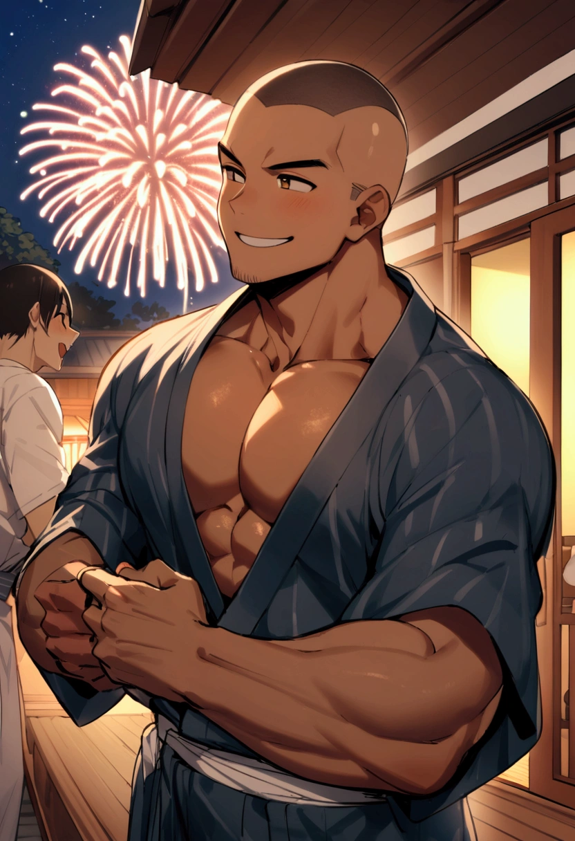 Highest quality、Midsummer evening、Shaved head、Sports haircut、Two macho men wearing yukatas on the veranda、to kiss、Embarrassed face、Pectoralis major、Abdominal muscles、Brown skin、firework