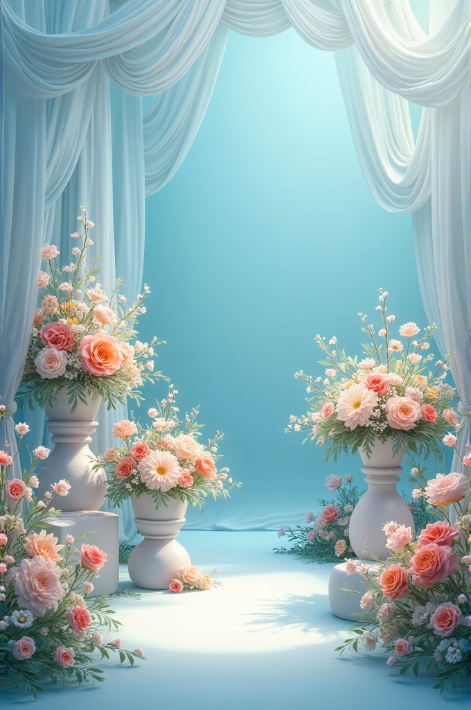 Create a background for a collation with blue fabrics pedestals with flowers arrangement of a path with flowers