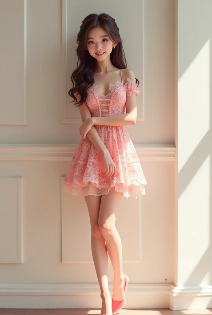 Lace，Pink floral dress，Short skirt，whole body，High heel，Smile，Looking at the camera lovingly，student

