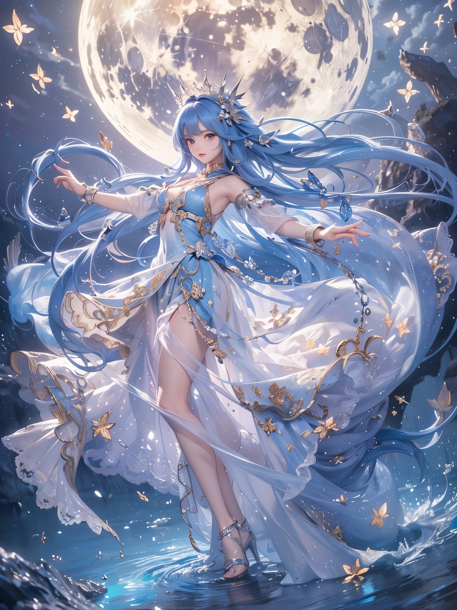 ((Highest quality)),(Ultra-high resolution),(Super detailed),(Detailed Description),((The best CG)),(masterpiece),Highly detailed art,(Art with precise detail:1.5), Blue Moon, Fairy Dance, A legend from long ago,