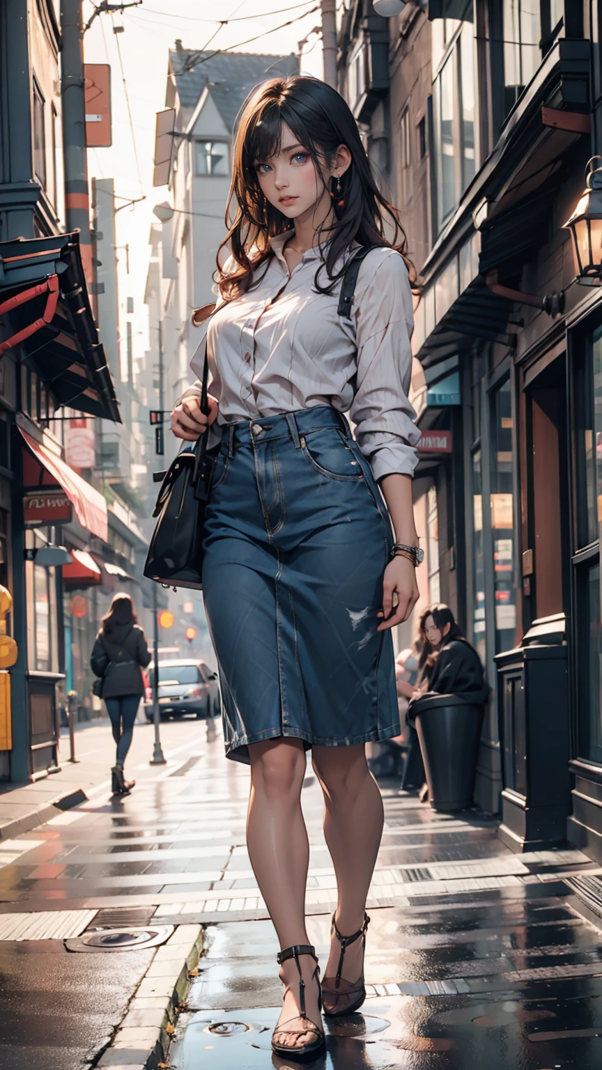 A young woman standing on the road, Blur the background, beautiful, Realistic