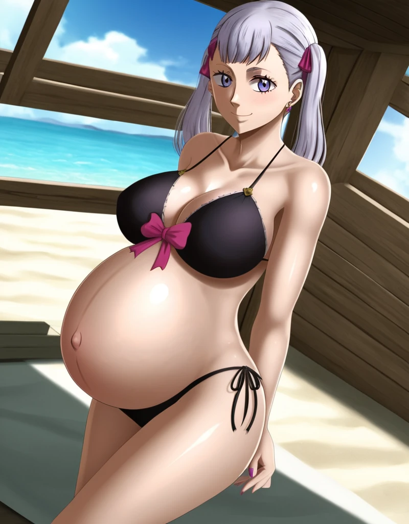 noelle_blackclover, Noelle Silva, Black Clover, long silver hair, waist-length hair, half-up half-down hairstyle, ribbon, side-parted bangs, almond-shaped blue eyes, high-quality, ultra-detailed, beast quality, 8K resolution,
looking at viewer, dutch angle, cowboy shot, smile, pregnant belly, large belly, big belly, big Breasts, belly button, Earrings,
1girl,solo, indoors, beach, happy, Smiling, rub belly, selfing,
full body, Nail polish, Shiny skin