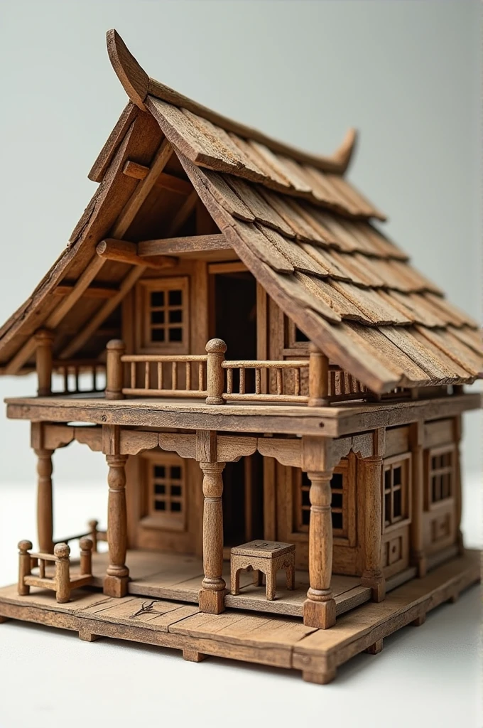 Make me a blueprint containing the layout for making a miniature traditional house, the Rumah Gadang, made from used materials and miniature wooden sticks measuring 1×1.