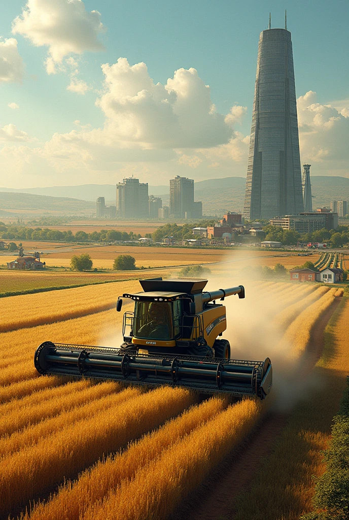 write boldly "Sime PLC..." at the bottom, combine harvester on a huge farm land, a tall building on a far behind, cars and A Home close to the land ,different kind of farm products on th land, a shade made of glass on the land,a water source on the side,