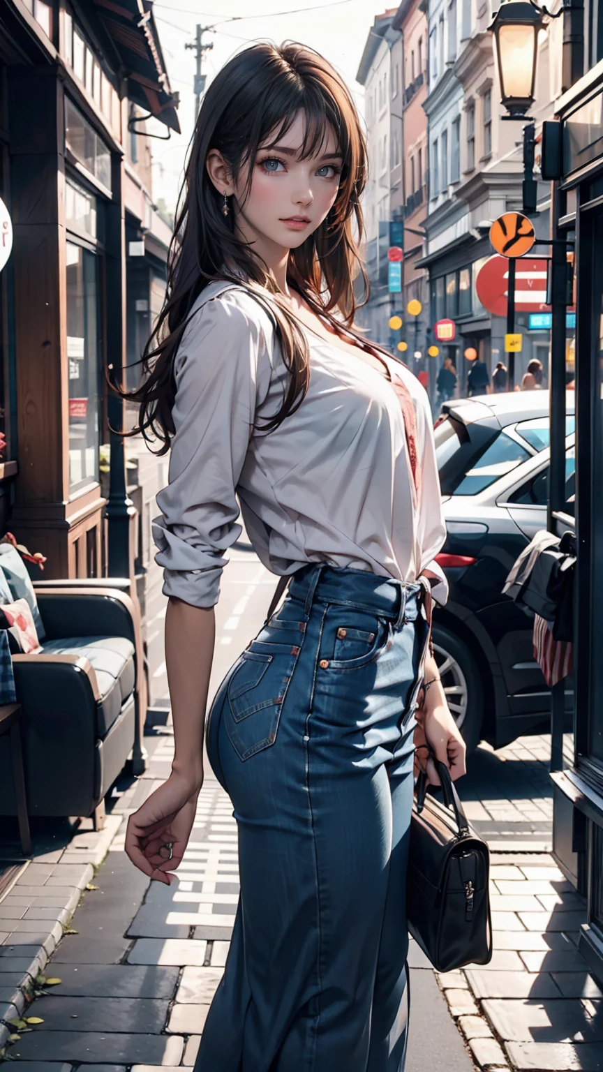 A young woman standing on the road, Blur the background, beautiful, Realistic