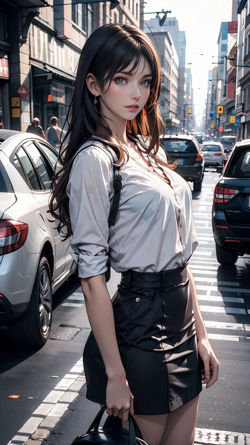 A young woman standing on the road, Blur the background, beautiful, Realistic