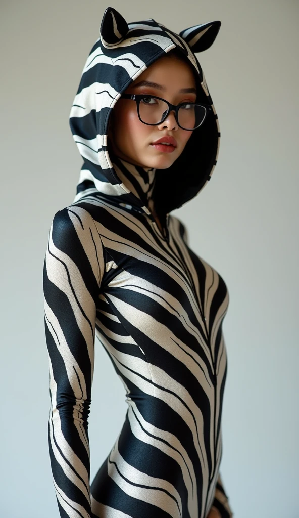a most beautiful Chinese Asian woman named Tiaw Li Yin with a pair of glasses wears zebra print unitard catsuit.She always wear zebra print contortion dancewear hood covered with stripes.