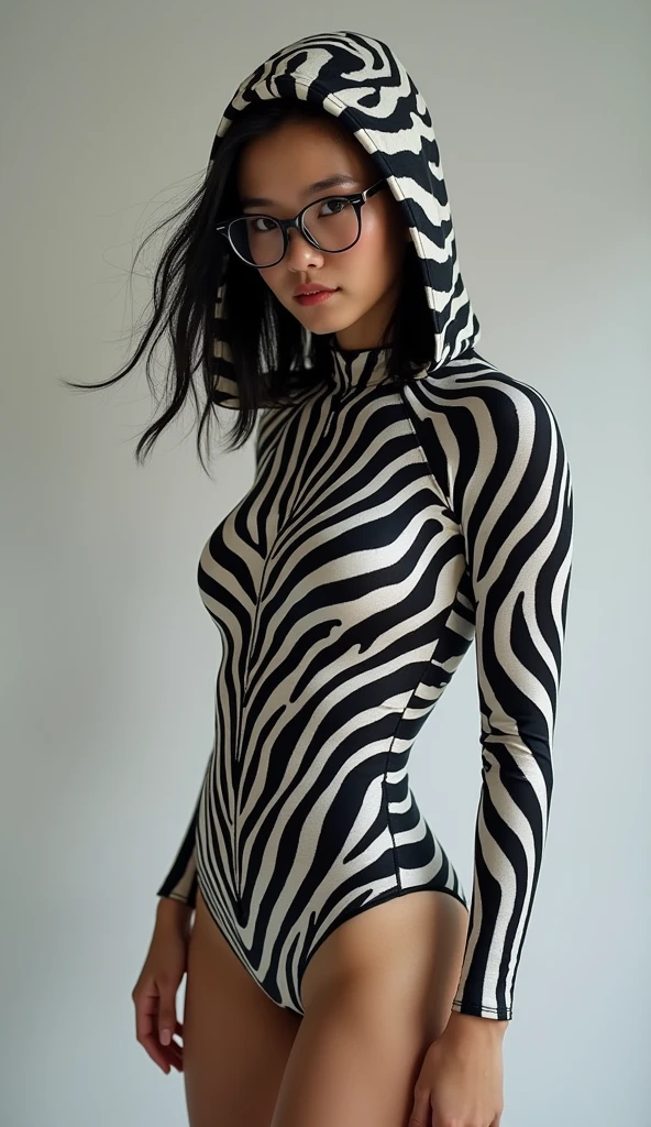 a most beautiful Chinese Asian woman named Tiaw Li Yin with a pair of glasses wears zebra print unitard catsuit.She always wear zebra print contortion dancewear hood covered with stripes.