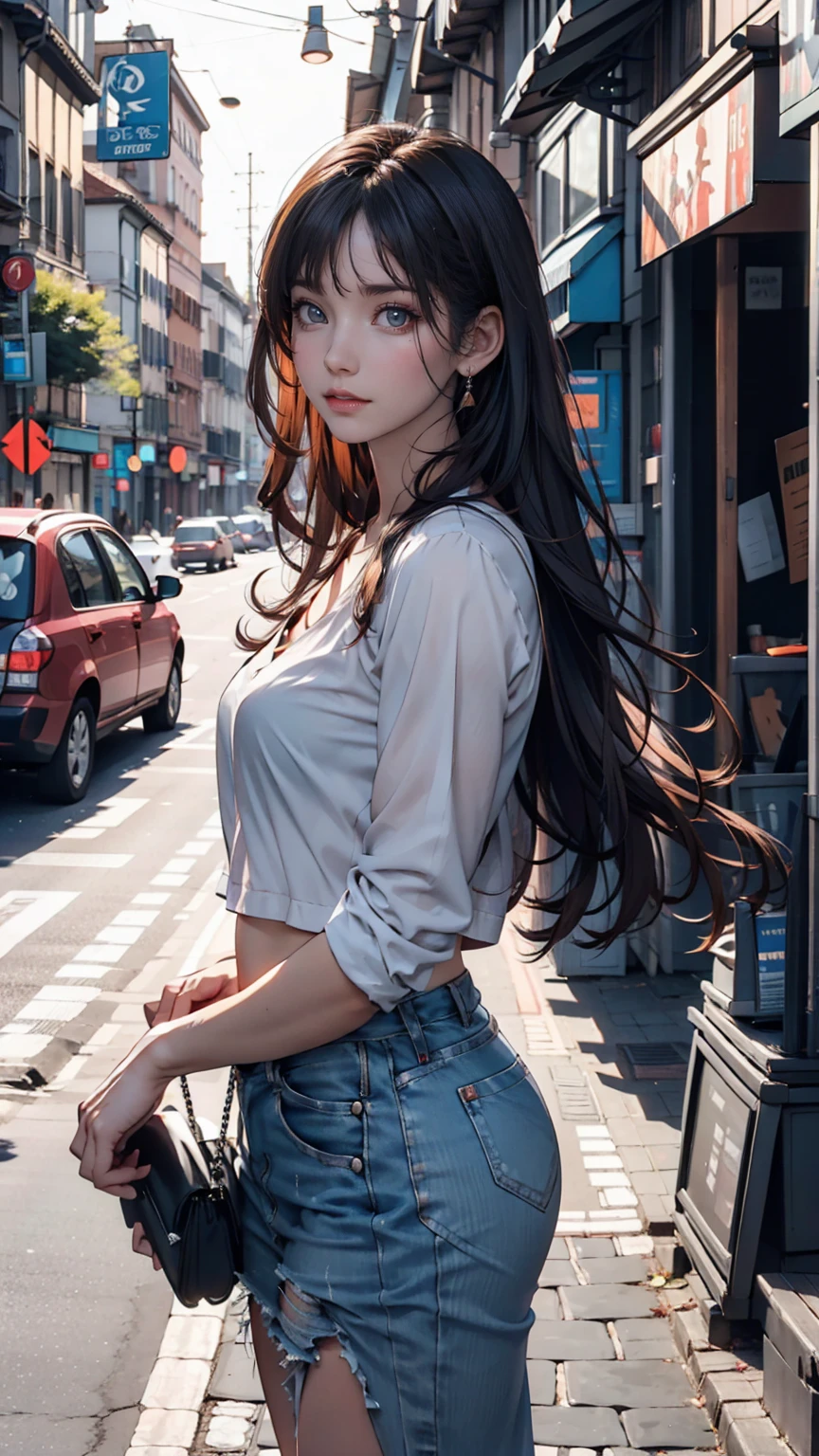 A young woman standing on the road, Blur the background, beautiful, Realistic