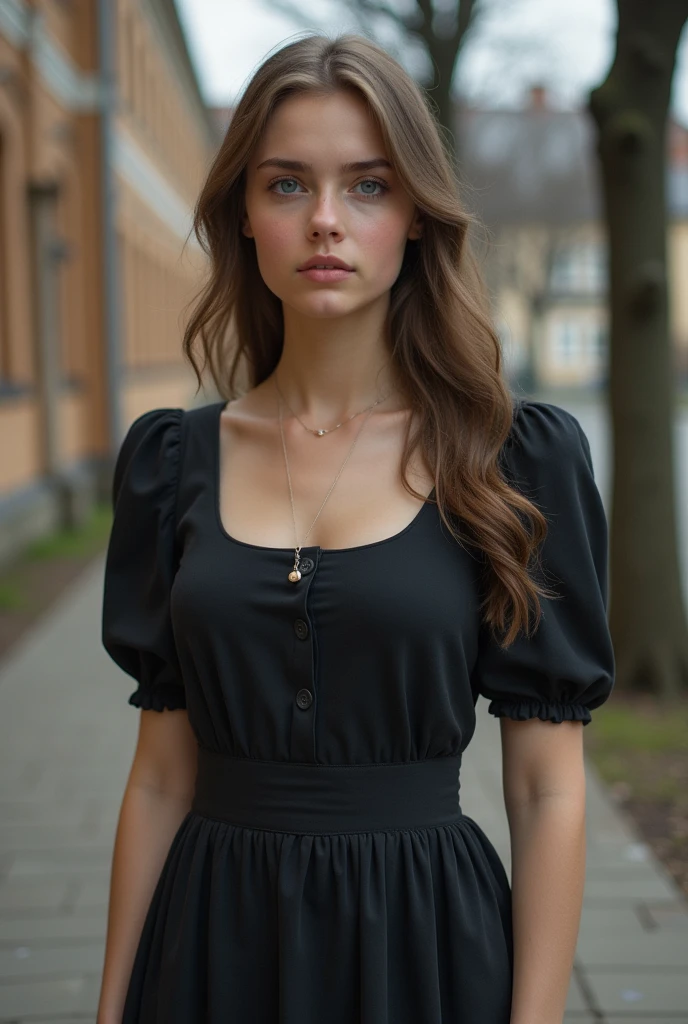 A Polish female university student. She's wearing some modest dress because she's Catholic. She has ample chest and feminine feature. She's 20 years old. She has blue eyes. She's in the university. She doesn't wear veil. 