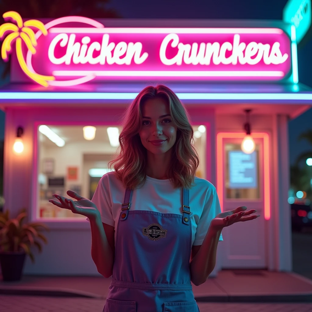 A highly realistic photograph in a 1:1 aspect ratio of a young woman standing confidently in front of a vibrant, Miami Vice-inspired fried chicken restaurant. The woman is in her early twenties, with bright, expressive eyes. Her shoulder-length hair is styled in loose waves, and she wears a clean, well-fitted uniform consisting of a branded apron over a simple, casual shirt. The apron prominently features the restaurant's logo, designed with a retro 80s aesthetic. The photo is captured using a Canon EOS R5 camera with a 50mm f/1.2L lens, providing a crisp focus on the subject while softly blurring the neon-lit background. The lighting is natural with an added touch of colorful neon, reflecting the vibrant and energetic atmosphere of the 80s, with hues of pink, blue, and purple casting a dynamic glow on the scene. The young woman is gesturing with an open hand, as if warmly inviting you to come inside and enjoy a meal. In the background, the restaurant's sign is clearly visible, boldly displaying 'Chicken Crunchers' in bold, retro-style lettering, surrounded by neon lights and palm tree motifs. The entrance exudes a fun, nostalgic Miami Vice vibe with pastel colors, neon accents, and an overall 80s flair. The composition captures the essence of hospitality with a cool, retro twist, making the restaurant an inviting spot in the vibrant world of Miami nightlife