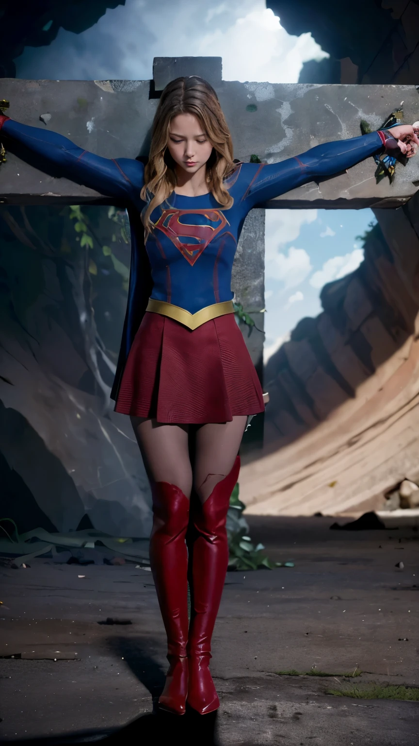 ((Woman in crucifixion at the cross：1.5)),crucifixion刑，(supergirl)，torn costume，tattered clothes，Bruises on the body, masterpiece、highest quality, 超High resolution, (reality: 1.4), movie lighting、(Ultra-realistic)、(High resolution)、(8k)、(very detailed)、(Super detailed)、 detailed face、natural bangs、long blonde hair, Melissa benoise as supergirl, (whole body visible:1.6), ((supergirl is lying dead on the ground in the cave)), cave background, whole body visible, ((full body shot:1.8)), arms were tied to the cross with chain, ((tatter red skirt)), (black pantyhose), ((strong body type)),