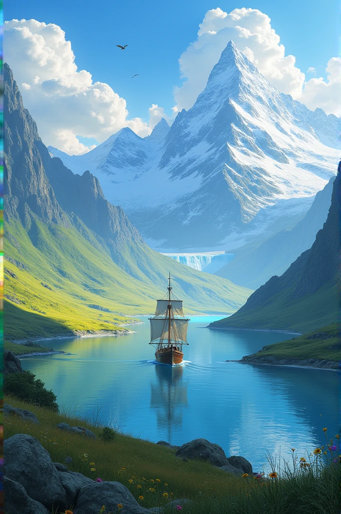 Mountains, plains, and nature, where the ship is on the ocean