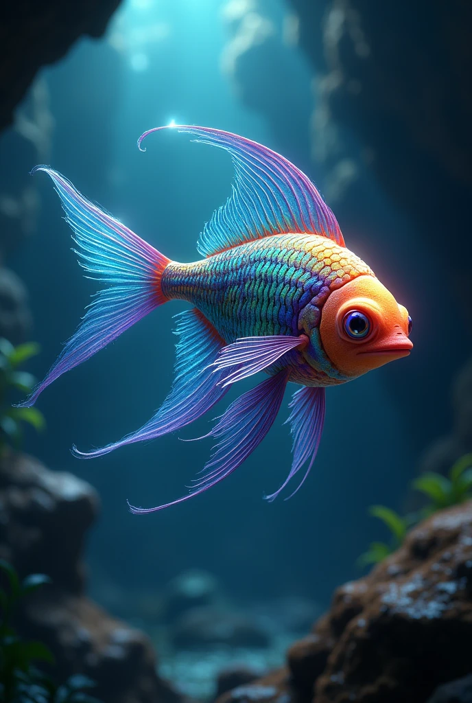 Sukiongka: Picture a fish with shimmering, iridescent scales that change color from blue to green to purple depending on his emotions. He has long, graceful fins with delicate, translucent edges that catch the light of the cave.