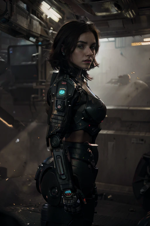 a chubby woman, android, battle machine, pale human face, short dark brown hair, full body, standing, robotic body, (best quality,4k,8k,highres,masterpiece:1.2),ultra-detailed,(realistic,photorealistic,photo-realistic:1.37),highly detailed face, intricate mechanical details, advanced robotics, dynamic pose, cinematic lighting, dark and moody atmosphere, sci-fi, cyberpunk