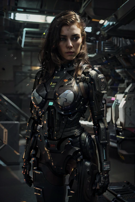 a chubby woman, android, battle machine, pale human face, short dark brown hair, full body, standing, robotic body, (best quality,4k,8k,highres,masterpiece:1.2),ultra-detailed,(realistic,photorealistic,photo-realistic:1.37),highly detailed face, intricate mechanical details, advanced robotics, dynamic pose, cinematic lighting, dark and moody atmosphere, sci-fi, cyberpunk