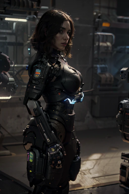 detailed humanoid chubby woman, android, pale human face, delicate features, short dark brown hair, human torso wearing tank top, spandex shorts, robotic legs and arms, space prison with view of Earth, best quality, 4k, 8k, highres, masterpiece:1.2, ultra-detailed, realistic, photorealistic, photo-realistic:1.37, HDR, UHD, studio lighting, ultra-fine painting, sharp focus, physically-based rendering, extreme detail description, professional, vivid colors, bokeh, sci-fi, concept art