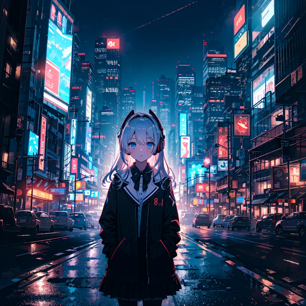 (masterpiece,8k wallpaper, best quality),(best illumination, best shadow, an extremely delicate and beautiful),
1girl,blue eyes,building,city,city lights,cityscape,cyberpunk,headphones,holographic interface,jacket,long hair,long sleeves,neon lights,night,skyscraper,solo,
(lolita fashion),