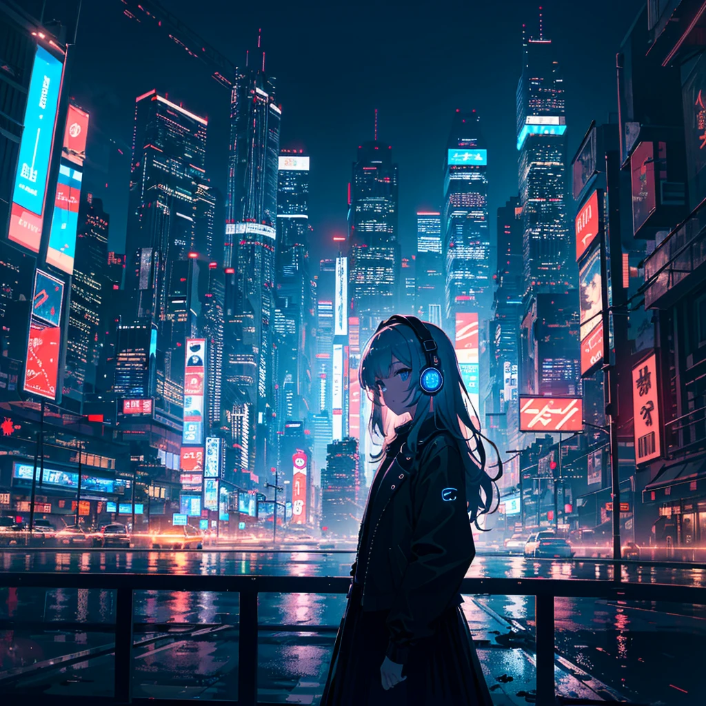 (masterpiece,8k wallpaper, best quality),(best illumination, best shadow, an extremely delicate and beautiful),
1girl,blue eyes,building,city,city lights,cityscape,cyberpunk,headphones,holographic interface,jacket,long hair,long sleeves,neon lights,night,skyscraper,solo,
(lolita fashion),